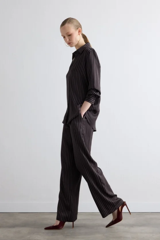 Striped Satin Shirt Brown - 5