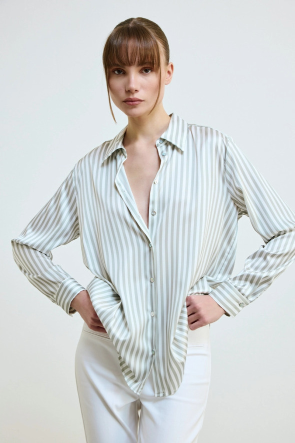 Striped Satin Shirt - Green - Gusto