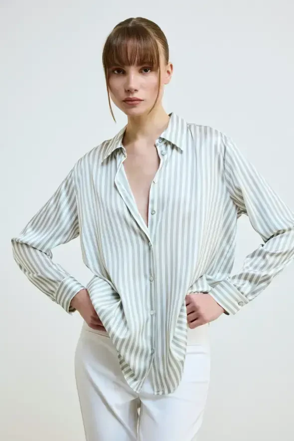 Striped Satin Shirt - Green - 1