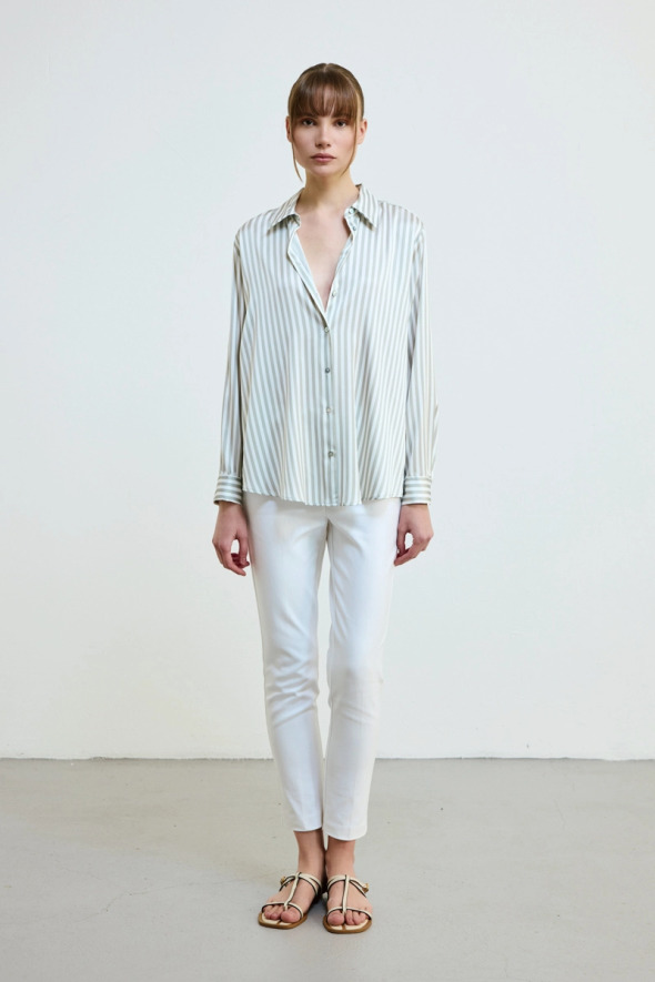 Striped Satin Shirt - Green - 2