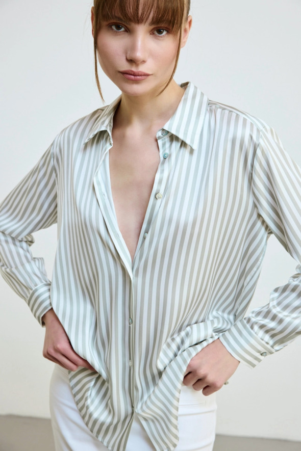 Striped Satin Shirt - Green - 3