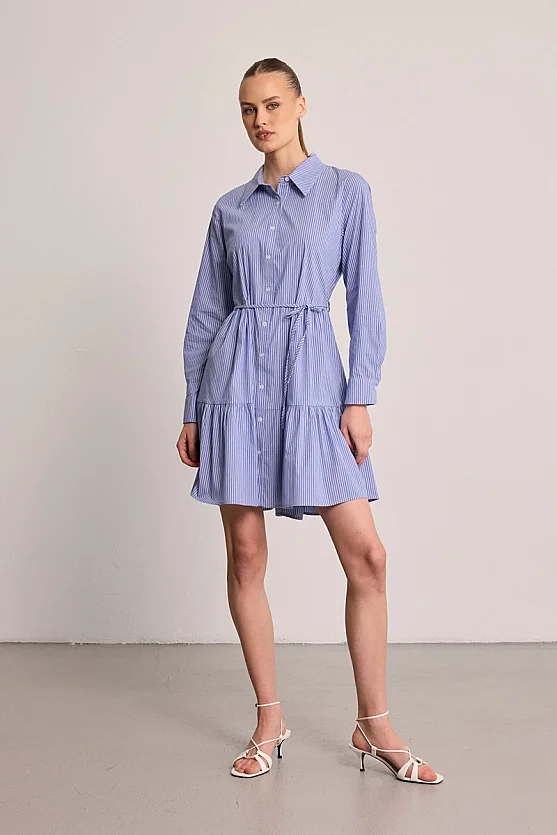 Striped Shirt Dress with Drawstring Belt - Blue - Gusto