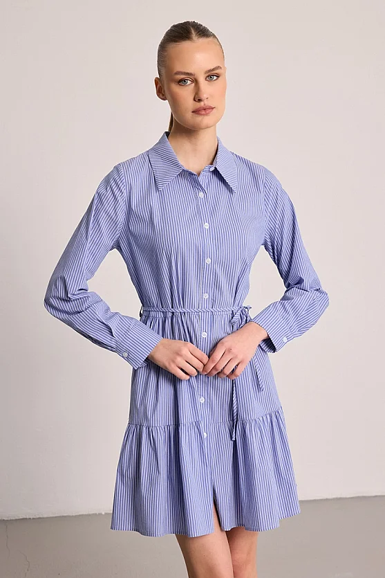 Striped Shirt Dress with Drawstring Belt - Blue - Gusto