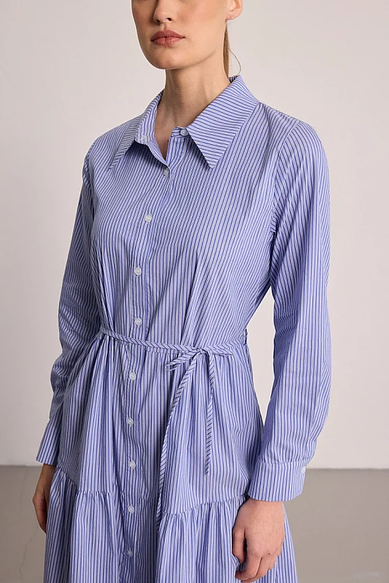 Striped Shirt Dress with Drawstring Belt - Blue - Gusto