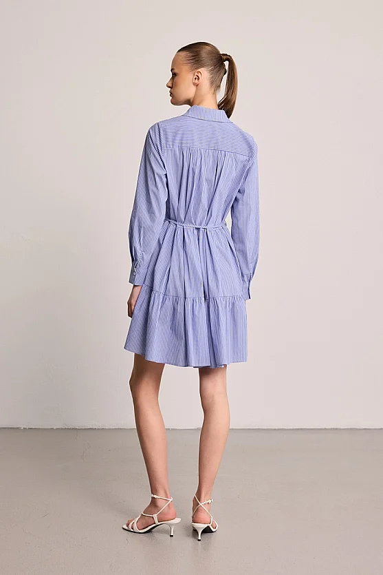 Striped Shirt Dress with Drawstring Belt - Blue - Gusto