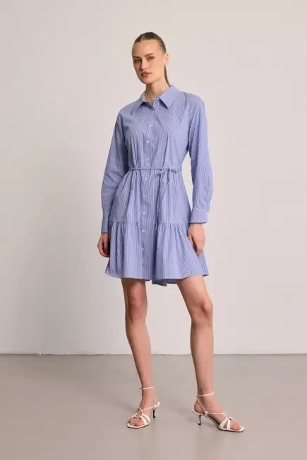 Striped Shirt Dress with Drawstring Waist - Blue Blue