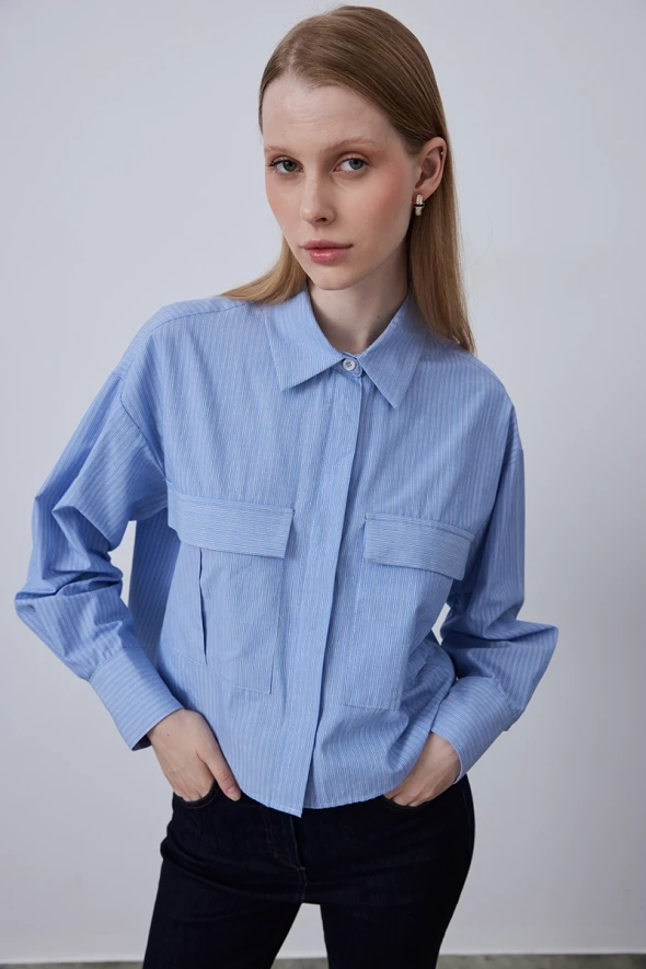 Striped Short Pocketed Shirt - Blue - 3