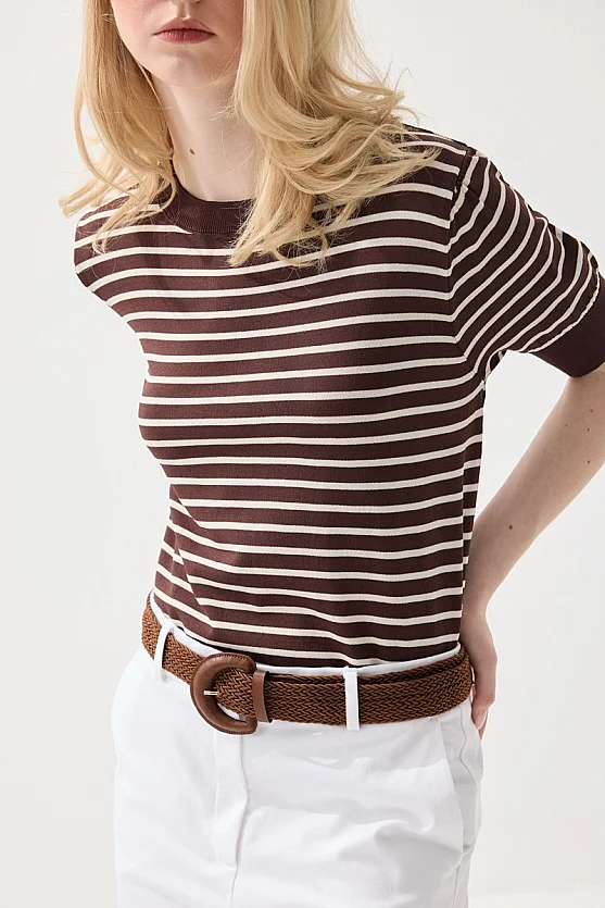 Striped Short Sleeve Knit Blouse - Brown - Gusto