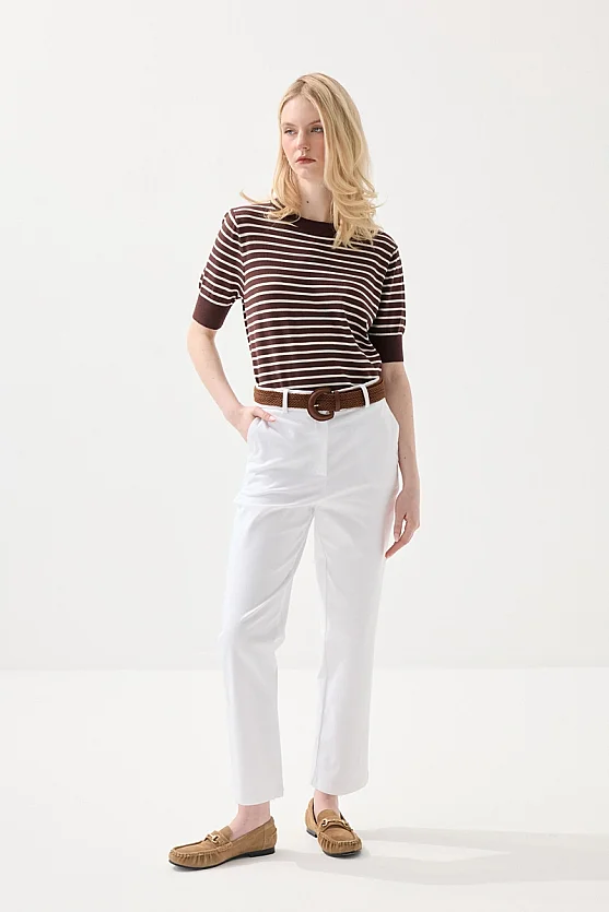 Striped Short Sleeve Knit Blouse - Brown - Gusto