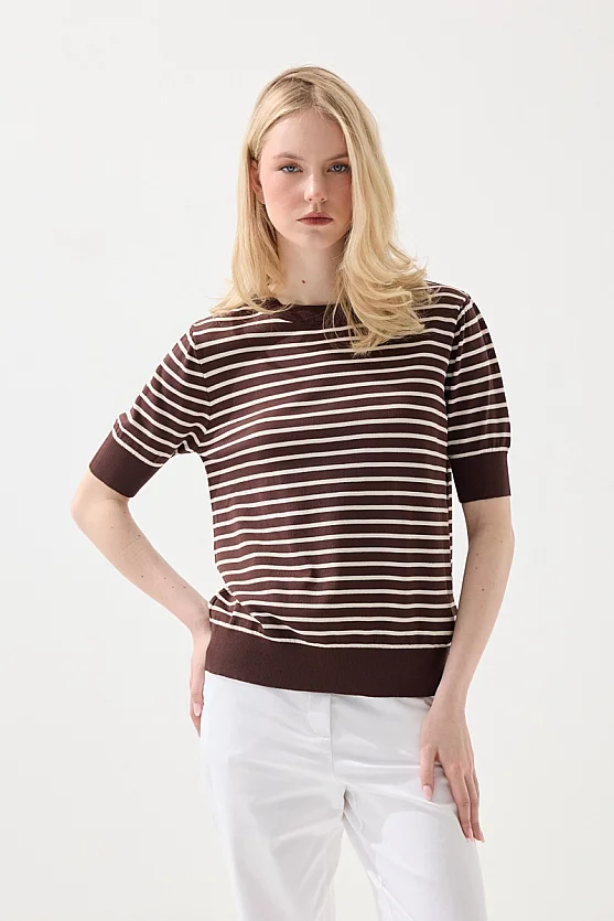 Striped Short Sleeve Knit Blouse - Brown - Gusto