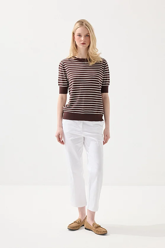 Striped Short Sleeve Knit Blouse - Brown - 2