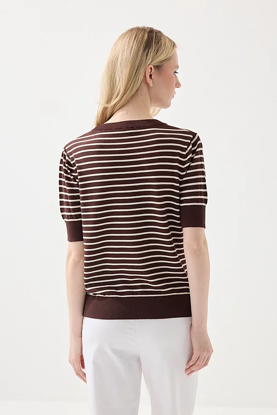 Striped Short Sleeve Knit Blouse - Brown - Gusto