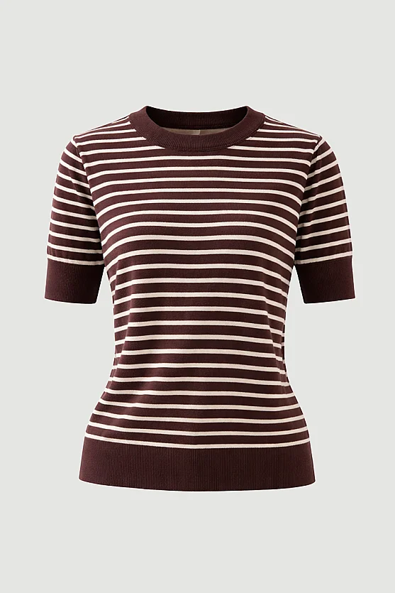 Striped Short Sleeve Knit Blouse - Brown - Gusto