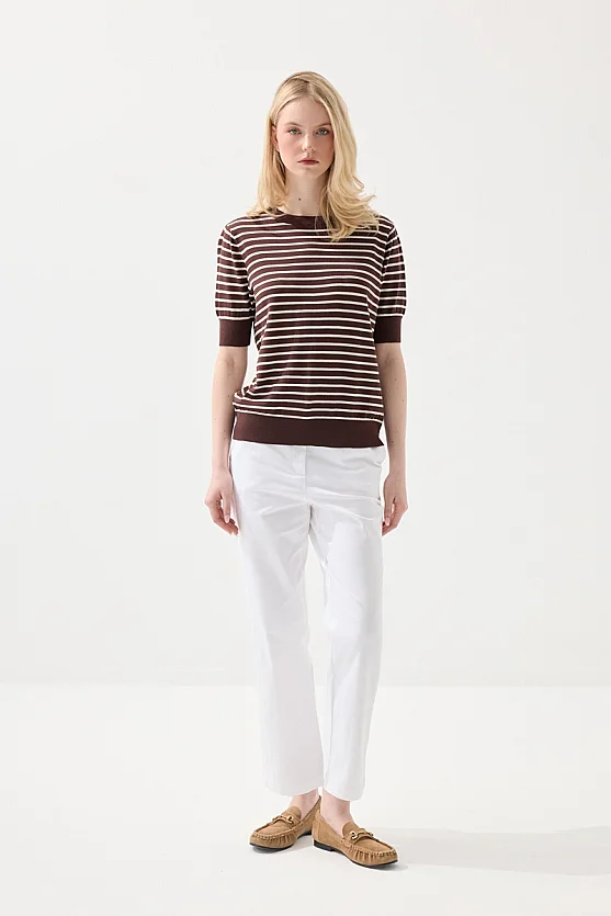 Striped Short Sleeve Knit Blouse - Brown - Gusto