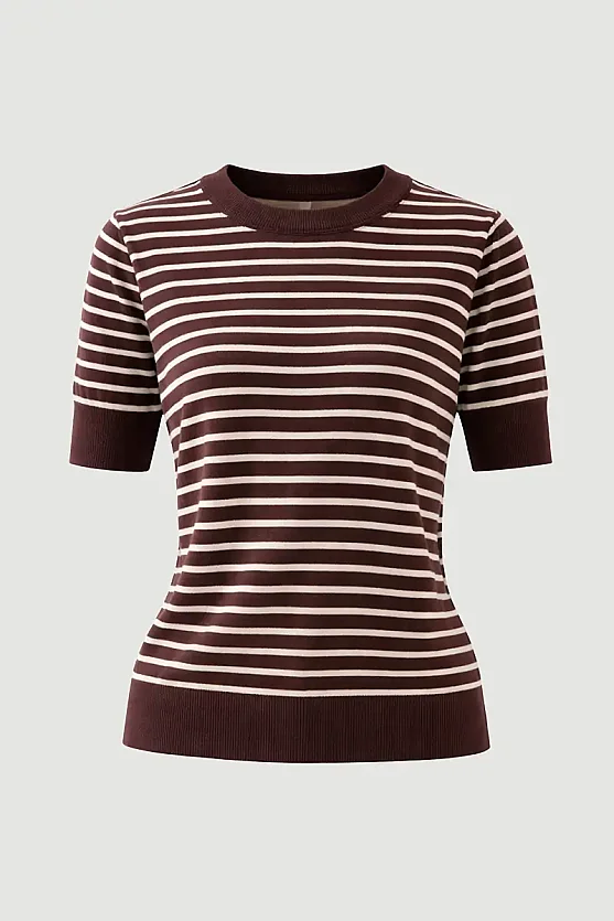 Striped Short Sleeve Knit Blouse - Brown - Gusto