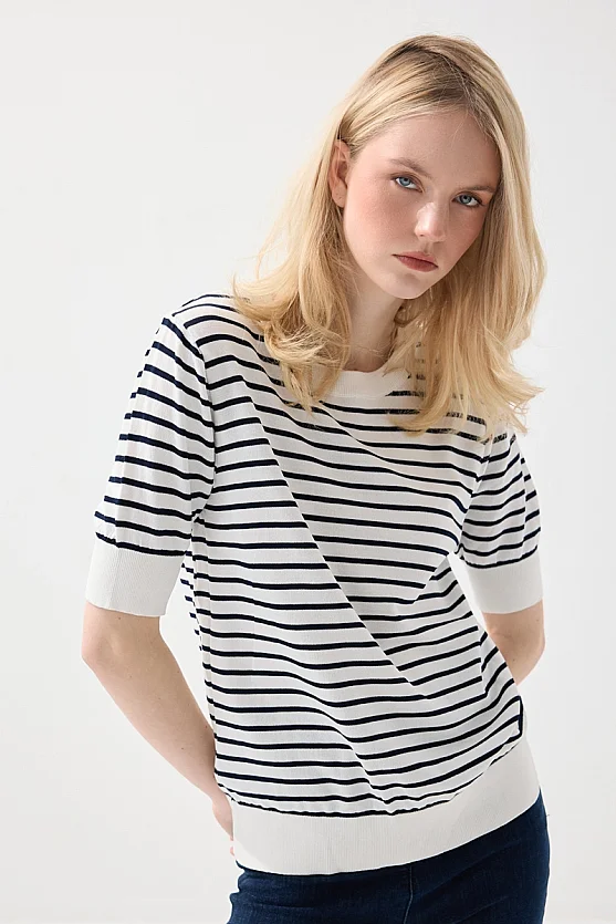 Striped Short Sleeve Knit Blouse - White - Gusto
