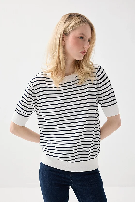 Striped Short Sleeve Knit Blouse - White - 2