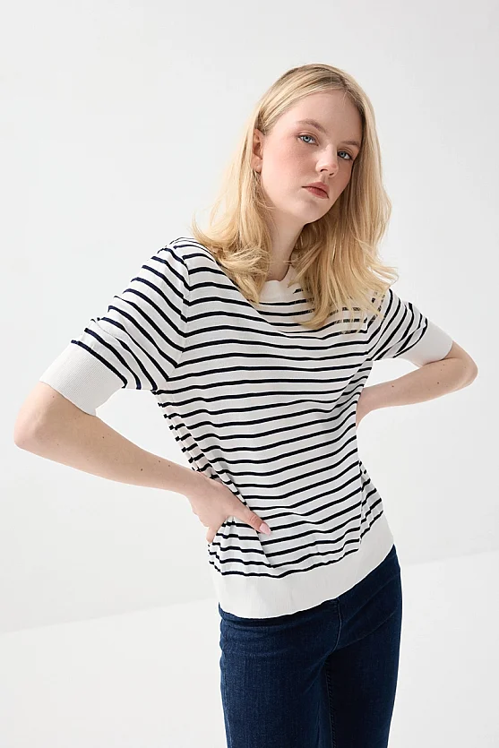 Striped Short Sleeve Knit Blouse - White - 3