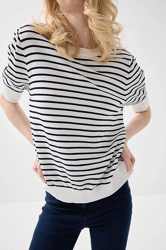 Striped Short Sleeve Knit Blouse - White - 4