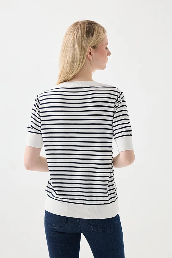 Striped Short Sleeve Knit Blouse - White - Gusto