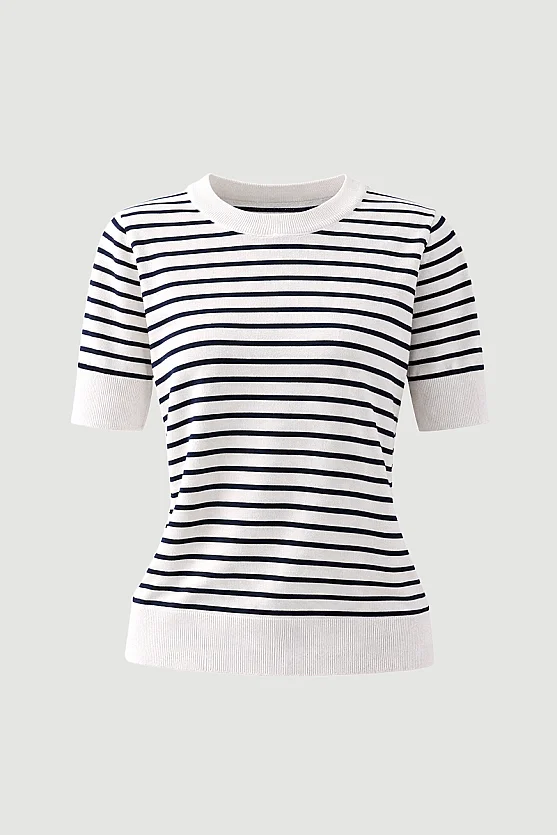 Striped Short Sleeve Knit Blouse - White - 6