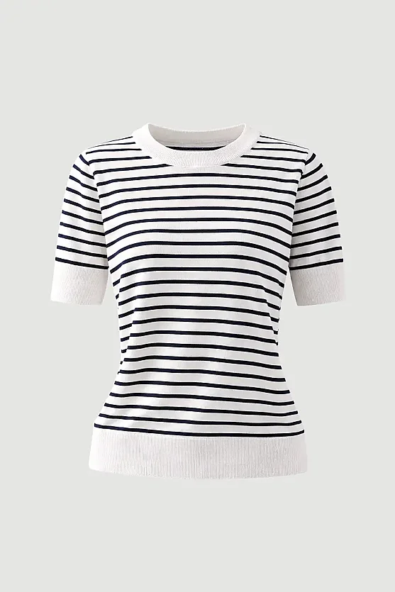 Striped Short Sleeve Knit Blouse - White - Gusto
