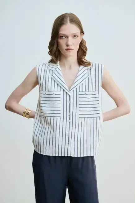 Striped Sleeveless Shirt - Navy Navy Blue