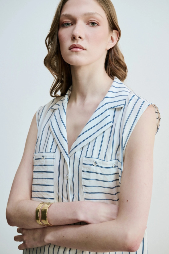 Striped Sleeveless Shirt - Navy - 4