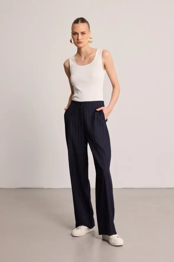 Striped Tencel Fabric Trousers - Navy Blue - 2
