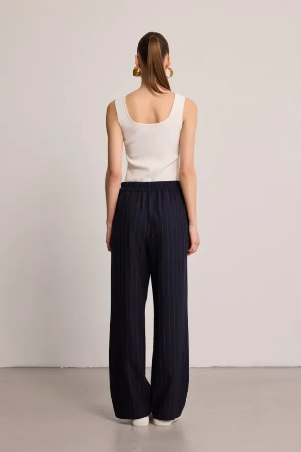Striped Tencel Fabric Trousers - Navy Blue - 4