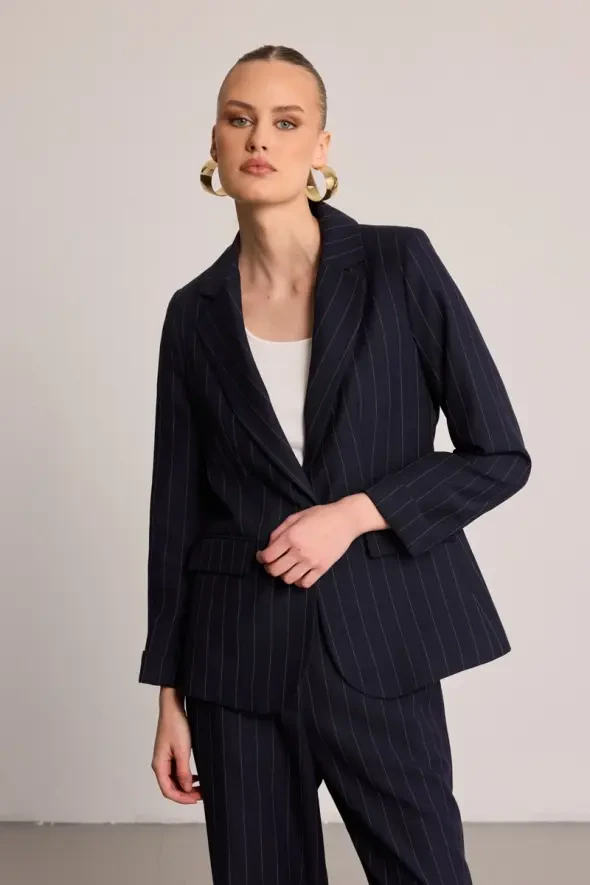 Striped Tencel Jacket - Navy Blue - 1