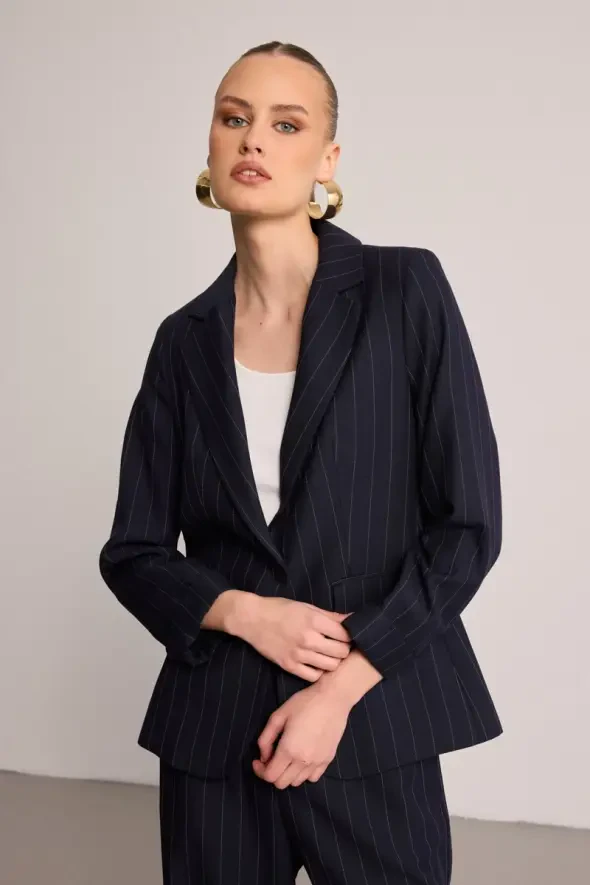 Striped Tencel Jacket - Navy Blue - 3