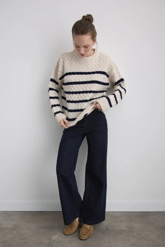 Striped Textured Knit Blouse Ecru - 5