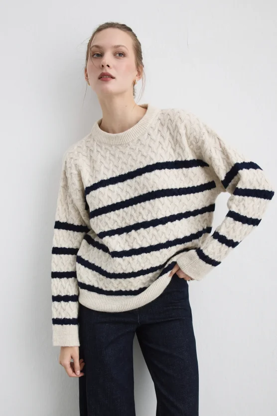 Striped Textured Knit Blouse Ecru - 1