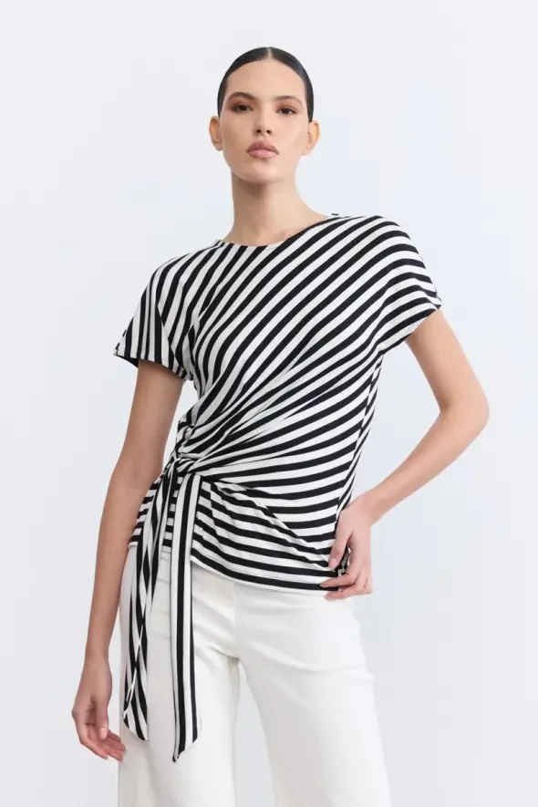 Striped Tie Detail Viscose Blouse - Black - 1