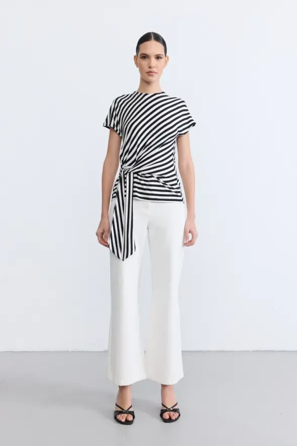 Striped Tie Detail Viscose Blouse - Black - 2