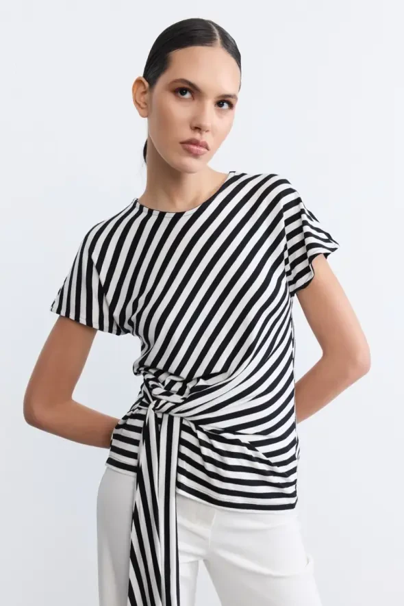 Striped Tie Detail Viscose Blouse - Black - 3