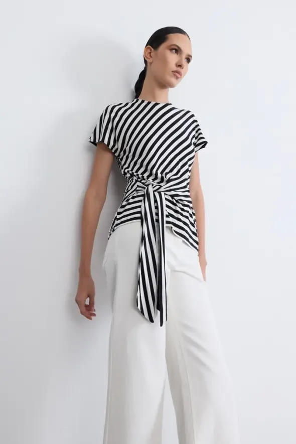 Striped Tie Detail Viscose Blouse - Black - 4