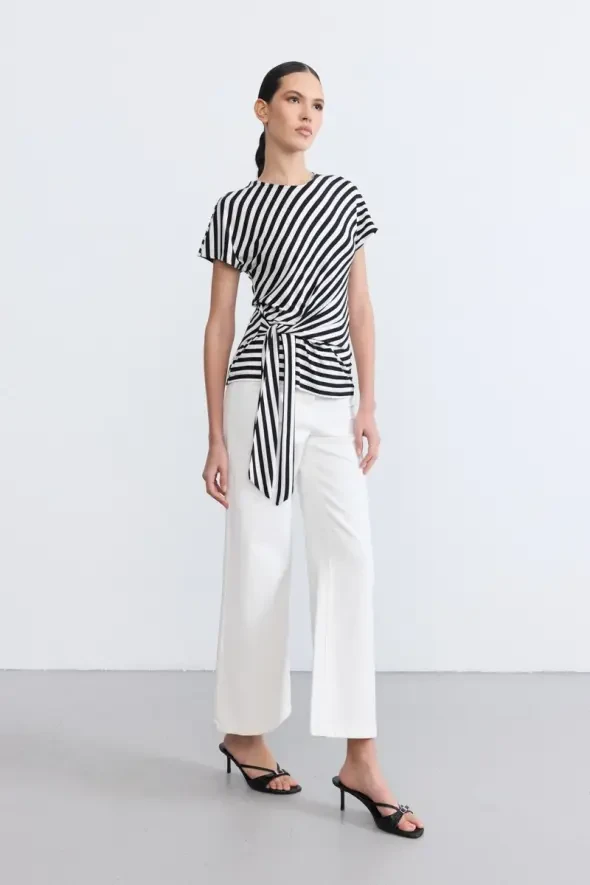 Striped Tie Detail Viscose Blouse - Black - 5