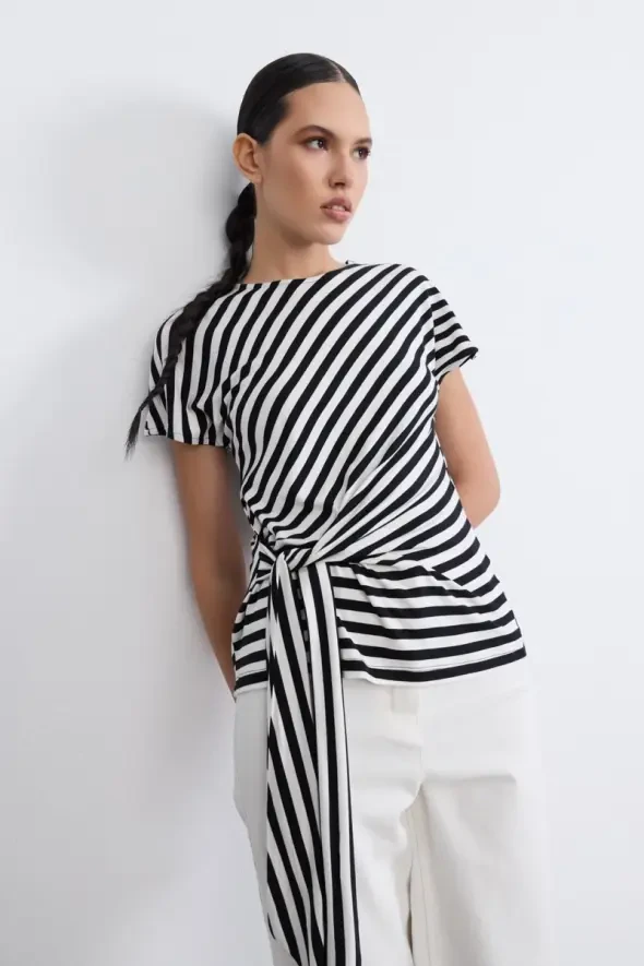 Striped Tie Detail Viscose Blouse - Black - 6