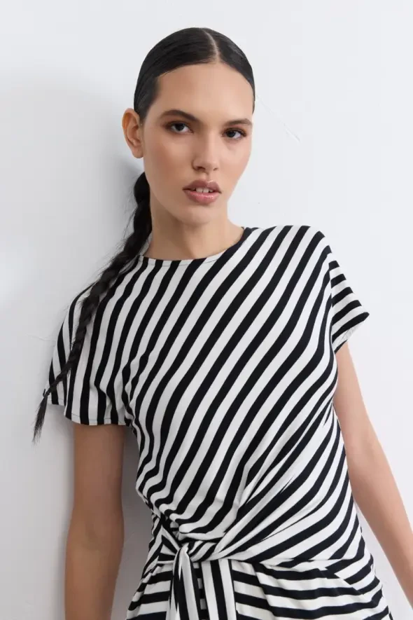 Striped Tie Detail Viscose Blouse - Black - 7