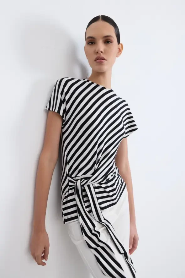 Striped Tie Detail Viscose Blouse - Black - 8