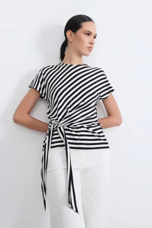 Striped Tie Detail Viscose Blouse - Black - 9