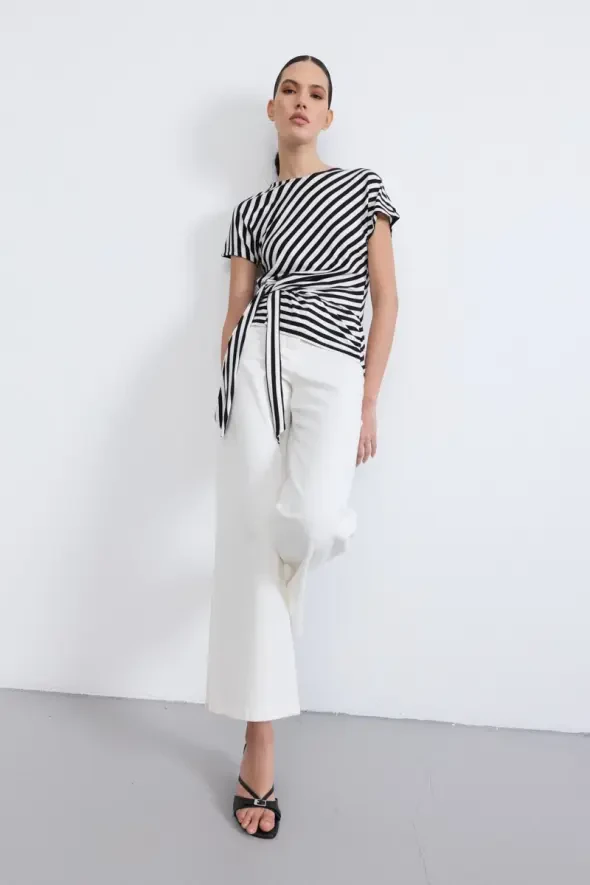 Striped Tie Detail Viscose Blouse - Black - 10