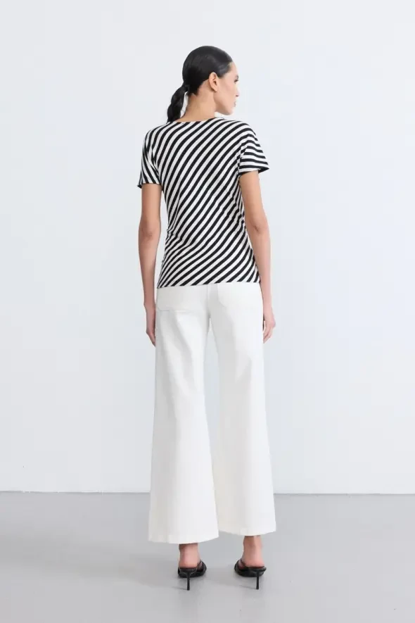 Striped Tie Detail Viscose Blouse - Black - 12