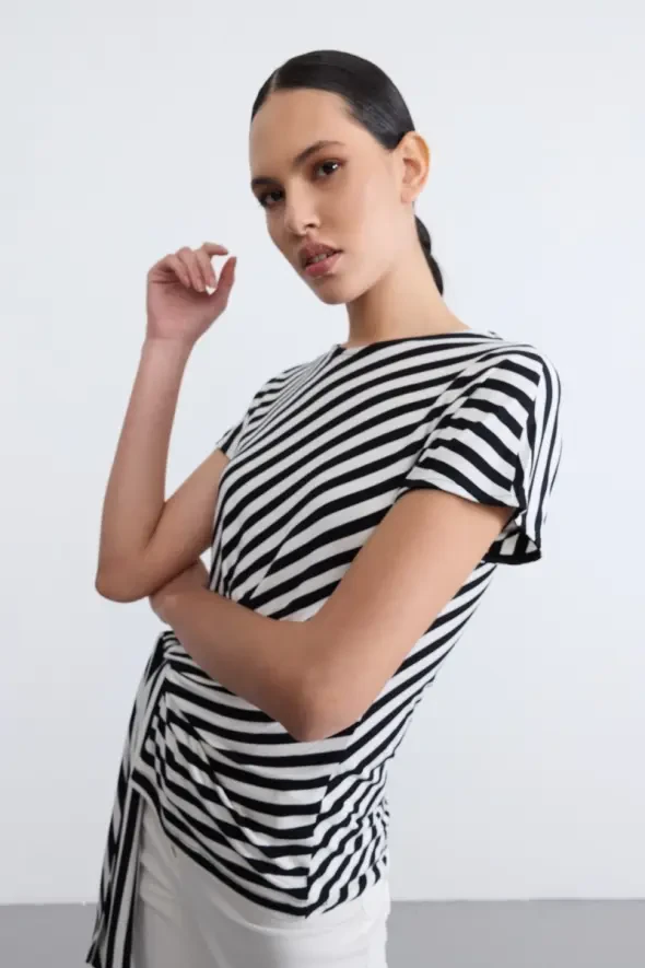 Striped Tie Detail Viscose Blouse - Black - 11