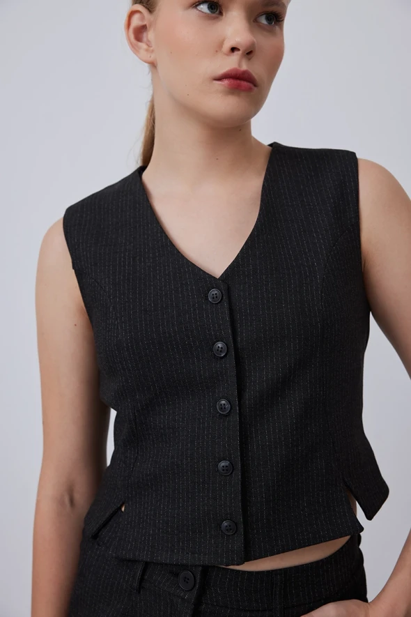 Striped Vest with Slits - Smoked - 3