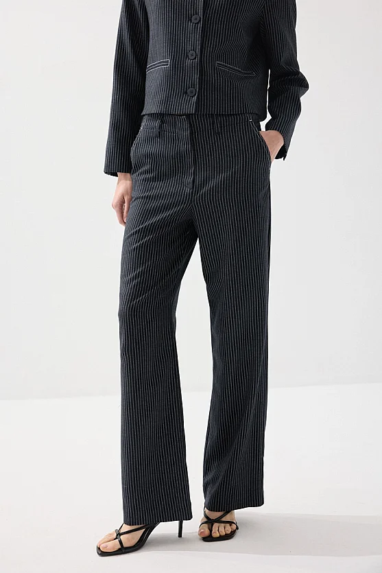 Striped Viscose Linen Pants - Navy Blue - 2
