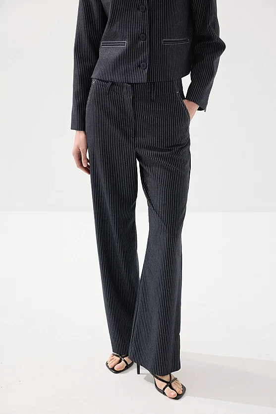 Striped Viscose Linen Pants - Navy Blue - 4