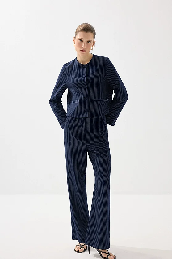 Striped Viscose Linen Pants - Navy Blue - 1